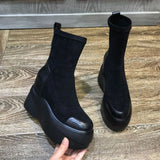Shoes for Woman Black Elastic Women's Ankle Boots Wedges Booties Chunky Platform Footwear Sock Pu Trend 2023 Hot Sale
