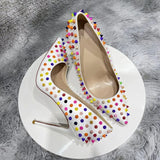 Multi-Color Spikes Women White Matte Pointy Toe High Heel Celebrity Party Shoes Sexy Ladies Slip On Thin Stiletto