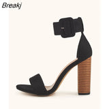 large size foreign trade word with thick heel and large buckle high-heeled black