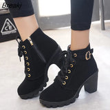 boots for women 2023 new elegant square heel shoes woman high heel solid vintage boots women lace-up ladies shoes