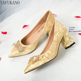 Wedding Shoes Thick Heel Red Rhinestone Buckle Bridal Shoes Party Dress Single Shoes Bridesmaid High Heels Women