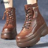 Ankle Boots Platform Women Genuine Cow Leather Short Boots Round Toe Height Increasing Thick Sole Ladies Shoes