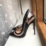 Transparent Patchwork Summer Women Black Slingback High Heel Shoes Sexy Ladies Pointy Toe Stiletto Pumps 8cm 10cm