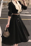Suit 2023 Autumn Elegant 2 Piece Dress Set Office Lady Long Sleeve Crop Tops + Casual Black Midi Skirt Woman Slim