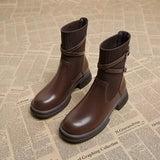Round Head Belt Buckle Boots 2024 New Soft Leather Thick Heels Martin Boots Women's Knitted Elastic Thin