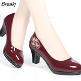 Women's Summer Shoes Rhinestones Cute European Stylish Round Toe Black Pu Leather Square Heel Pumps Lady Casual Wine Red