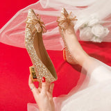 Butterfly-knot Flat Wedding Shoes Slip Shoes Women Shiny Gold Silver Bridal Shoes Beaded Flat Heels Med