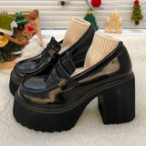 Chunky High Heels Pumps for Women 2024 Spring Patent Leather Platform Loafers Woman Black Thick Heeled Jk Lolita