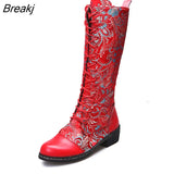 New Women's Knee Boots Bohemian Mid-calf Boots Women Vintage Boots Women Shoes Woman Zipper Printing Women's