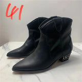 Size Classics Women Rivet Ankle Boots Crude Heels Square Toe Summer Half Slippers Autumn High Heels Boots Female Women