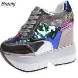 White Sneakers Women's Platform Wedge Casual Shoes Height Increasi Shoes 10 CM Thick Sole Chunky Sequins Lady Autumn