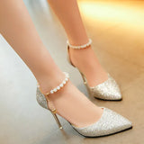 Women Summer 2024 New Korean Version Of The Pearl One-Word Buckle Pointed Sexy Stiletto High-Heeled