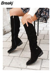 New Fashion Low Heel Side Zip Size 43 Suede Thigh High Women's Boots Retro Woman Booties Autumn Winter Knee High