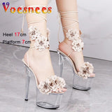 Women Sandals 17cm Thin Heels Ankle Strap Summer High Heels Sexy Party Shoes For Women Handmade Flowers Modern