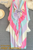Casual Women Multi Color Striped Shirt Dress Fashion V-neck Long Sleeve Single Breasted Sash Lace-up Ruched Maxi