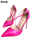 Women Patent PU Cross Strap Stiletto Pumps Pointed Toe 10cm High Heels for Elegant Ladies Chic Dress Shoes QP101