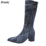 Women Chunky Denim Mid-Calf Boots Block High Heels Boots Winter Fashion Cowboy Western Boots thick heels