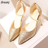Pointed toe Pearl High heels shoes Female Fashion hollow with Sandals Paillette of the Thin Breathable shoes Women
