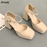 Fashion 2023 Women Pumps Retro Mary Janes Chunky Pumps Women Shoes High Heels Sandals Luxury Brand Pu Leather Party
