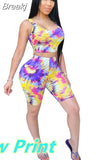 Women Tie Dye Print 2 Pieces Sets Tracksuits Crop Top Side Lace-Up Bandage Shorts Ladies Sexy Tracksuits Hollow