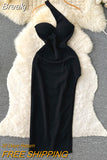 Sexy Women Black Party Dress New Summer One Shoulder Sleeveless Chest Padded High Waist Side Split Club Bodycon