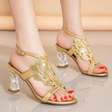High-Heeled Sandals Women's Water Diamond 2024 Summer New French Girls' Gentle Shoes Thick-Heeled Leather Crystal Wedding