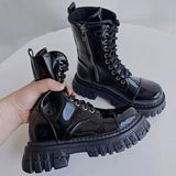 Patent Leather Punk Motorcycle Boots Women 2023 Lace Up Platform Ankle Boots Woman Thick Bottom Short Booties