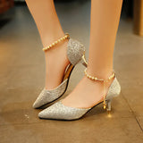Women Summer 2024 New Korean Version Of The Pearl One-Word Buckle Pointed Sexy Stiletto High-Heeled