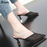 New Summer Elegant Women Fashion Slipper Pointed Toe Half Slippers Women's Stiletto Mid Heel Mesh Comfortable