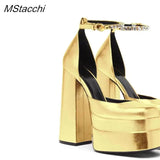 Platform Shoes Women Rhinestone Ankle Strap Prom Shoes Stylish Gold Silver Women Pumps Square Toe Thick Bottom