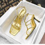 Women Shoes One Word Strap Sandals 2023 Summer New Square Head Fashion Stiletto Leather Elegant Gold High Heel