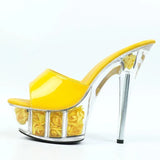 Women Slippers Fashion Flowers Platform Walk Show Model Sandals Summer Outdoor Thin High Heels 14.5CM Transparent Crystal