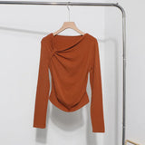 Side Bow Tie Design Folded Long-Sleeved T-Shirt Slim Thin Autumn Dress T-Shirt Short Top