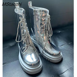 Women Silver Short Boots Belt Buckle Rhinestone Cross Strap Women's Mid Calf Boots Platform Motorcycle Martin Boots Trend