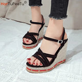 Women Wedges Sandal 2023 Summer New Arrival Female Platform Gladiator Bohemia Ankle Strap Peep Toe Flock Dress Shoes Size