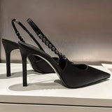 High Heels Slingback Silver Women Pumps Metallic Crystal Sandals Pointy Toe Stiletto Heeled Shoes Party Dress Shoes