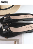 Ladies Sandals Summer Half Slippers Women's Fashion Square Buckle Casual Thick Heel Outer Wear Flat Sandals Slip on