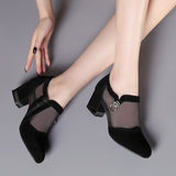 Women High Heel Shoes Fashion Mesh Breathable Pumps Pointed Thick Heels Female Dress Shoes Rhinestone Elegant