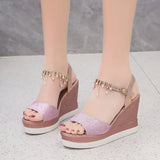 New Women Wedge Sandals Summer Bead Studded Detail Platform Sandals Buckle Strap Peep Toe Thick Bottom Casual Shoes