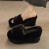 Winter Wedge Fluffy Slippers Woman 2023 New Home Fur Slippers for Women Chunky Platform Slides Cozy Fuzzy Indoor