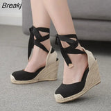 Ankle strap wedges shoes for women's espadrille summer sandals comfortable heel ladies bohemia shoes hemp canvas