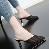 Mesh Slippers Women New Summer Shoes Women Fashion Pointed Slides Spike Heels Beige Mules Shoes High Heels