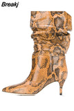 Women's Boots Snakeskin Print Pleated Mid Heel Party Shoes Pointed Toe Slip On Sexy Stiletto Women Motorcycle