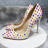 Multi-Color Spikes Women White Matte Pointy Toe High Heel Celebrity Party Shoes Sexy Ladies Slip On Thin Stiletto