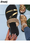 Summer New Women's Fashion Gold Silver Patent Leather Flat Heel Sandals Bling Rhinestone Narrow Band Beach Casual