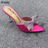 Butterfly-knot Women Slippers Pointed Toe Rhinestones Design Slip on Summer Mules Slides Woman Shoes High Heels
