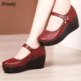 2022 Spring Leather Shoes Women Platform Wedges Shoe High Heels Round Toe Soft Sole White Women Pumps Large Size
