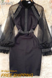 Women Black See Through Mesh Long Sleeve Mini Dress Stand Collar Rhinestone Decoration High Waist Elegant Lady Club Party