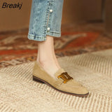 Retro Metal Buckle Loafers Women's English Style High Heel Flat Single Shoes Ladies Dress Shoes Faux Suede Low
