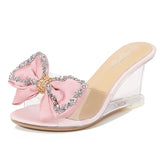 High Heels Summer Slippers Fashion Elegant Party Transparent Women Shoes Satin Big Bow Wedge Sandals 8CM Pink Pumps Size